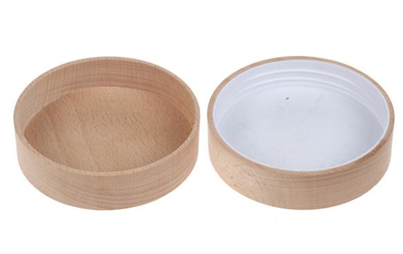 Glass candle jar Beech wood cover lid with White plastic cap 100mm, 