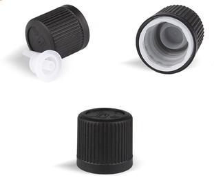 Plastic screw lid childproof essential oil bottles caps black color 18mm plastic cap with dropper, 