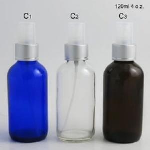 Wholesale 120ml amber clear blue glass boston round bottle with plastic silver spray